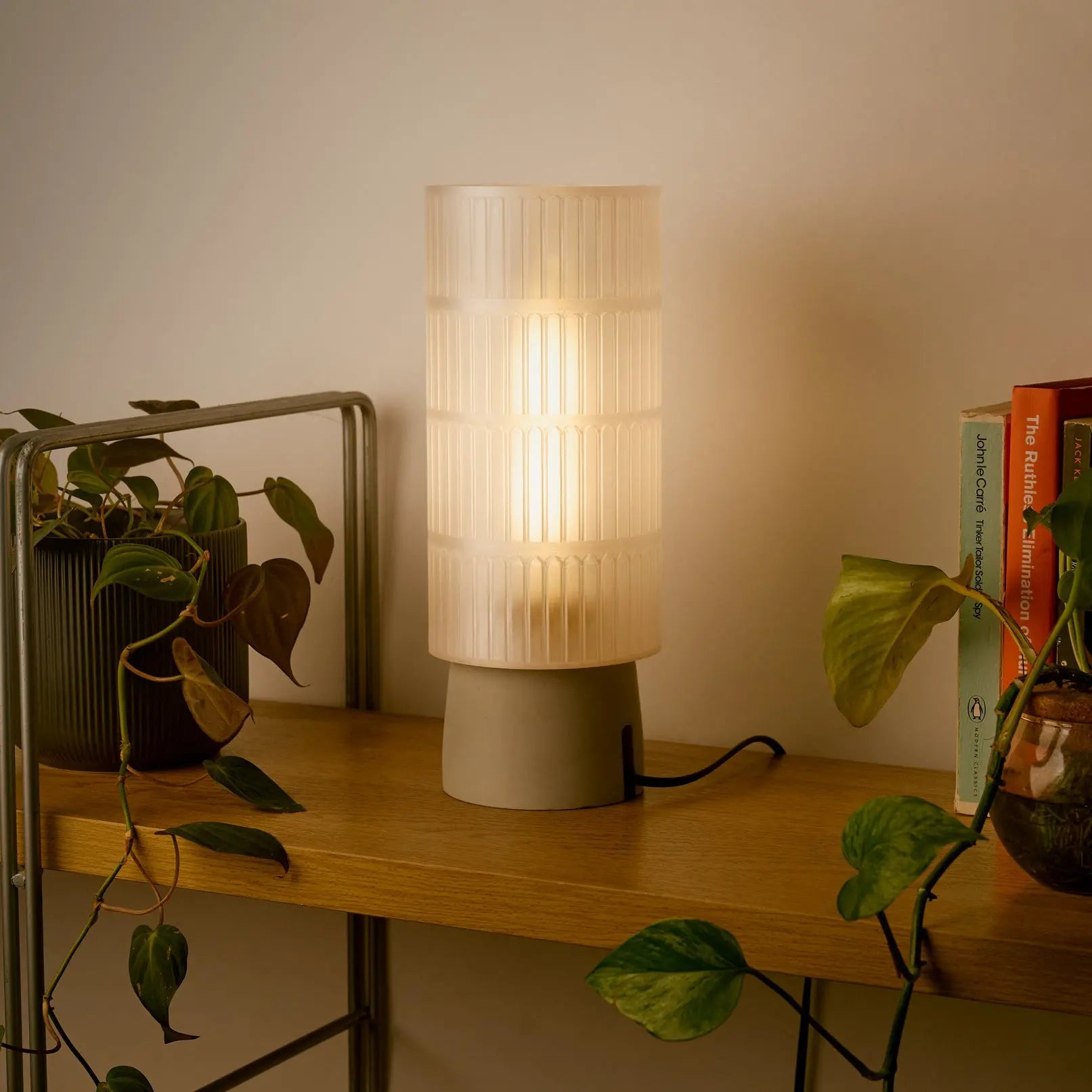 Illfound Colosseo Table lamp on a wooden surface with plants and books in a warm setting