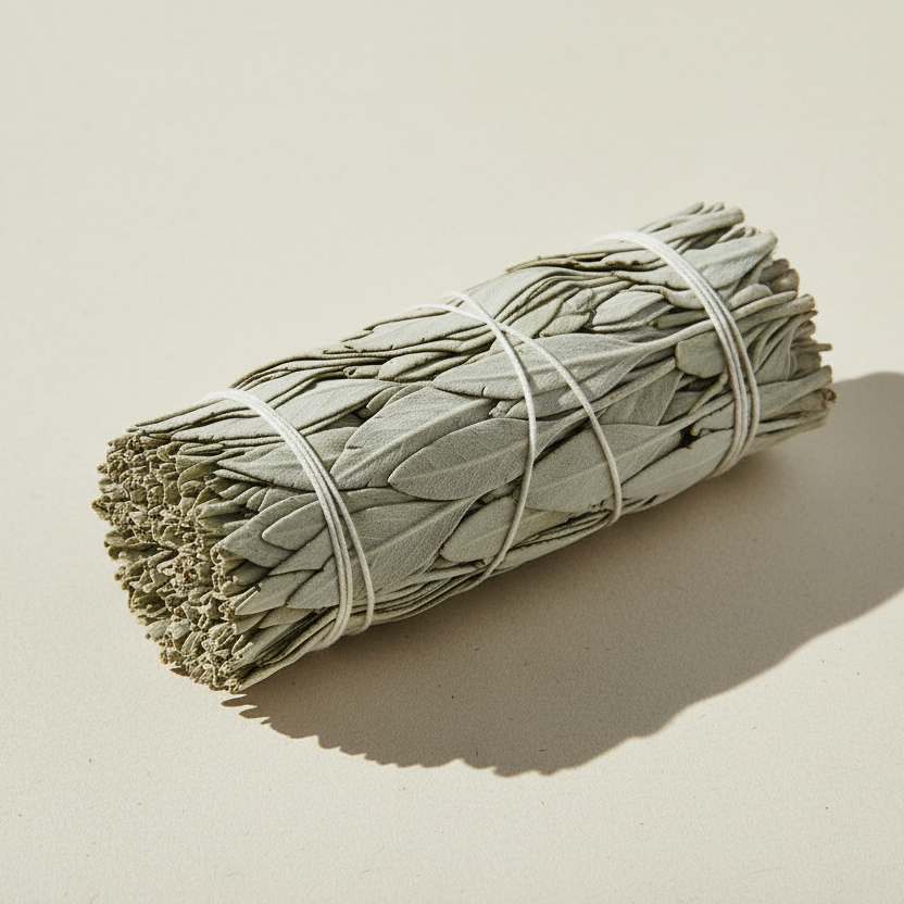 Bundled sage smudge stick on a beige background